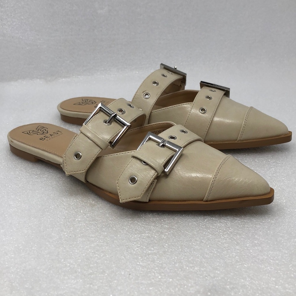 BEAST FASHION Mules Nude Double Buckle Straps Slip On Size 7